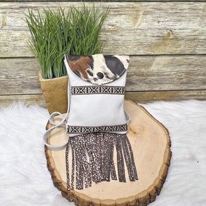 Off White Leather Southwestern Boho Artisan Small Crossbody Purse Pouch Bag